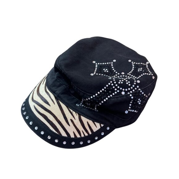 Black & Tan Zebra Print Studded Cap | One Size | Free Shipping - Picture 2 of 3